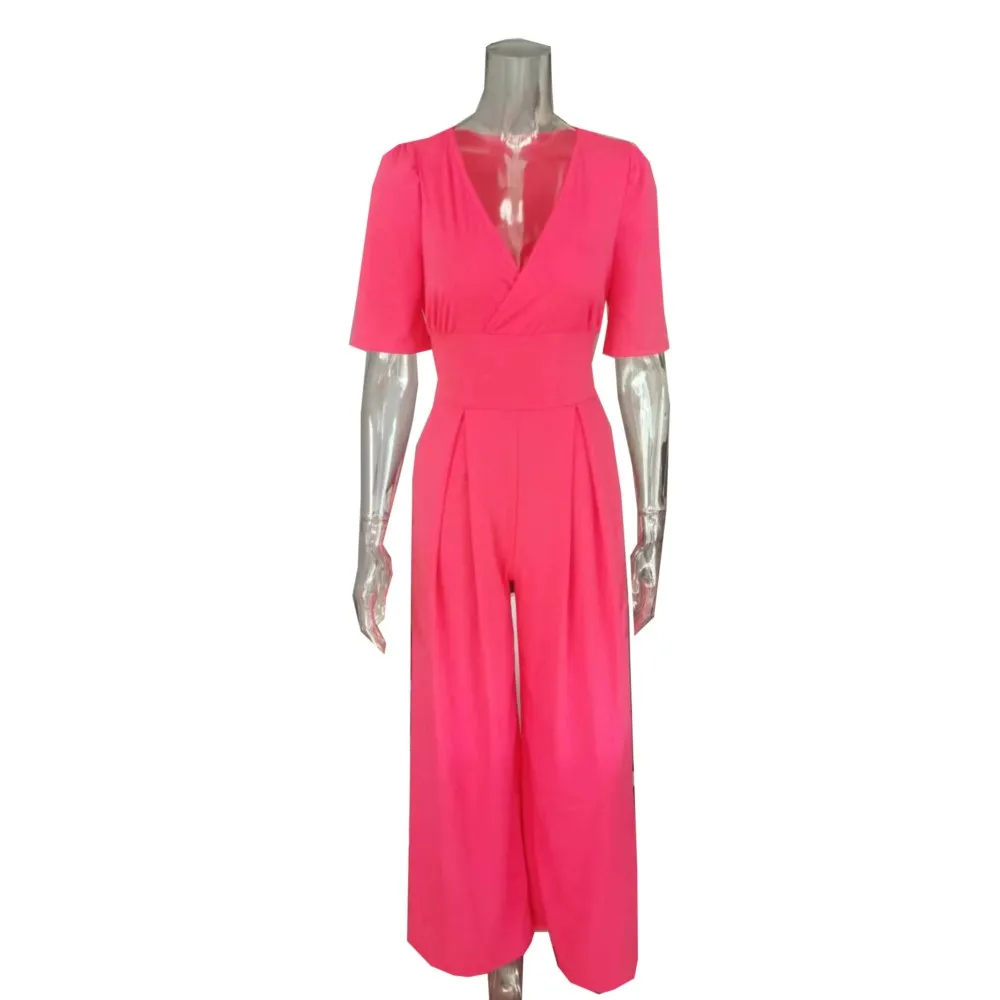 Temperament High Waist Lace-up Elegant Jumpsuits Women 2023 Summer Autumn New Deep V-neck Short Sleeve Ruched Wide Leg Jumpsuit