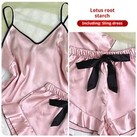 Pyjama en Satin lisse pour femmes, T-Shirt à col en v, bords à volants et short à nœud, ensemble pyjama Simple et respirant, vêtements de maison à bretelles 5
