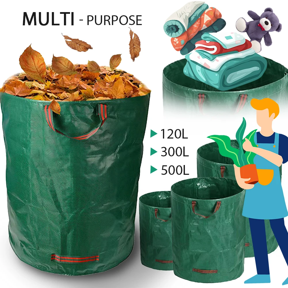 

120/300/500L PE Garden Waste Bag Reusable Large Capacity Heavy Duty Waterproof Durable Yard Leaf Weeds Grass Container Storage