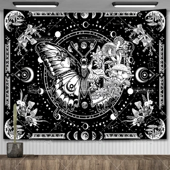 Arazzo con farfalla scheletro Arazzo con teschio in bianco e nero con funghi Hippie Estetico Arredamento della stanza Appeso a parete Panni di sfondo 1