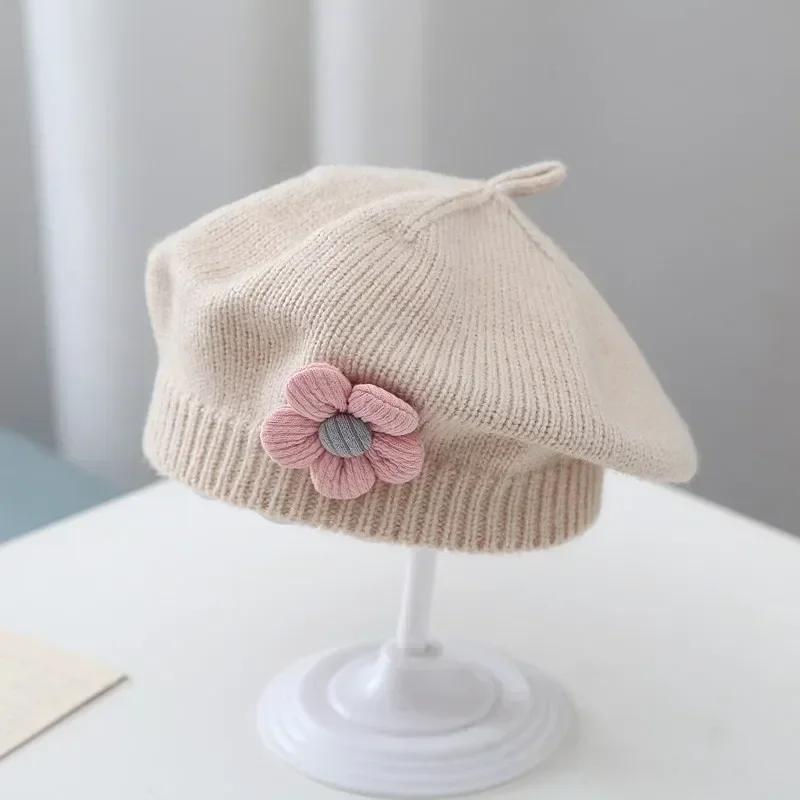 Solid Color Flower Baby Beret Hat Winter Warm Knitted Beanie Cap for Infant Girls Korean Toddler Princess Artist Painter Caps