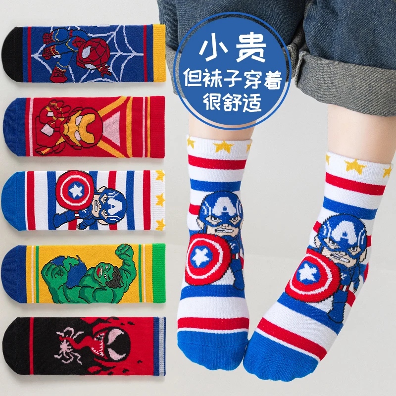 Cotton Middle Tube Cartoon Socks 5 Pairs Children Socks Spiderman Boy's Socks Spring Autumn Size 1-12 Year