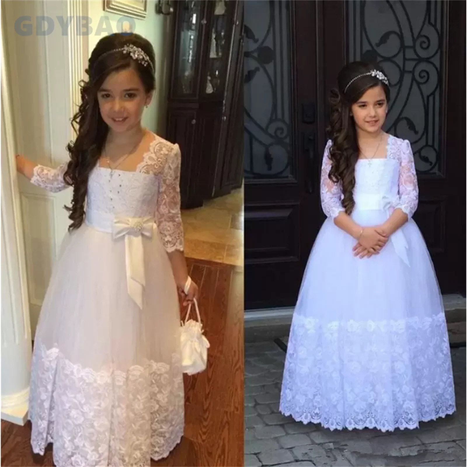 

Flower Girl Dress First Communion Dresses With Bow 3/4 Long Sleeves Lace Tulle Flower Girls Dresses For Weddings