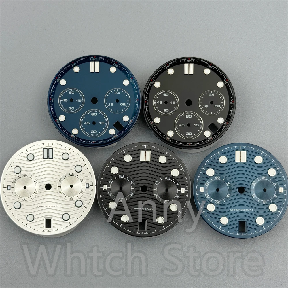 Green Luminous Chronograph Watch Dial with Date Windows, 31mm