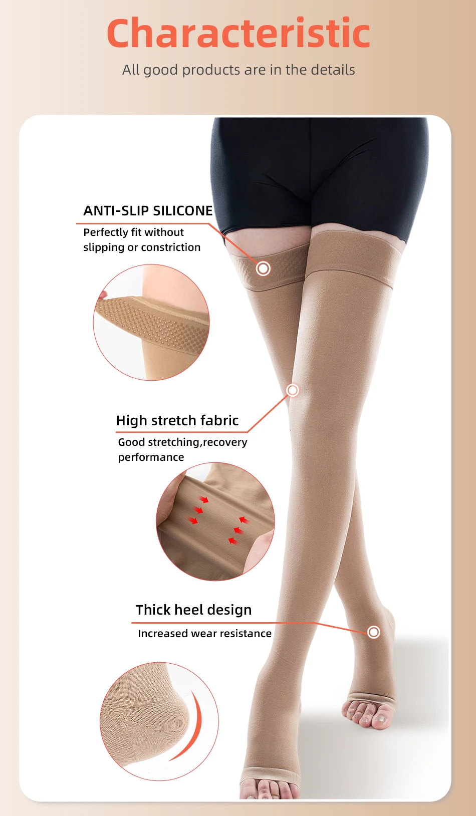 Legbeauty 34-46mmHg Elastische Pflege Medizinische Kompression Strumpf Über Knie Klasse 3 Druck Klammer Wrap Gestaltung Krampfadern Socke – Detail 6