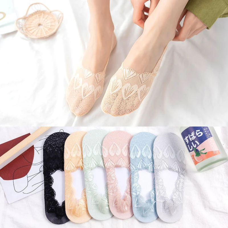 Bettinay 5 Pairs No Show Socks For Women, Non Slip Lace Invisible Shoe Socks