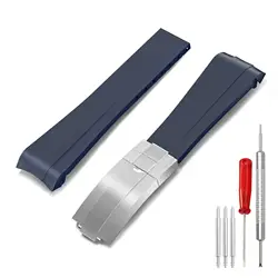 Premium 20mm Waterproof Rubber Watch Band with Stainless Steel Folding Buckle - Curved End Design - 20mm (Blue)