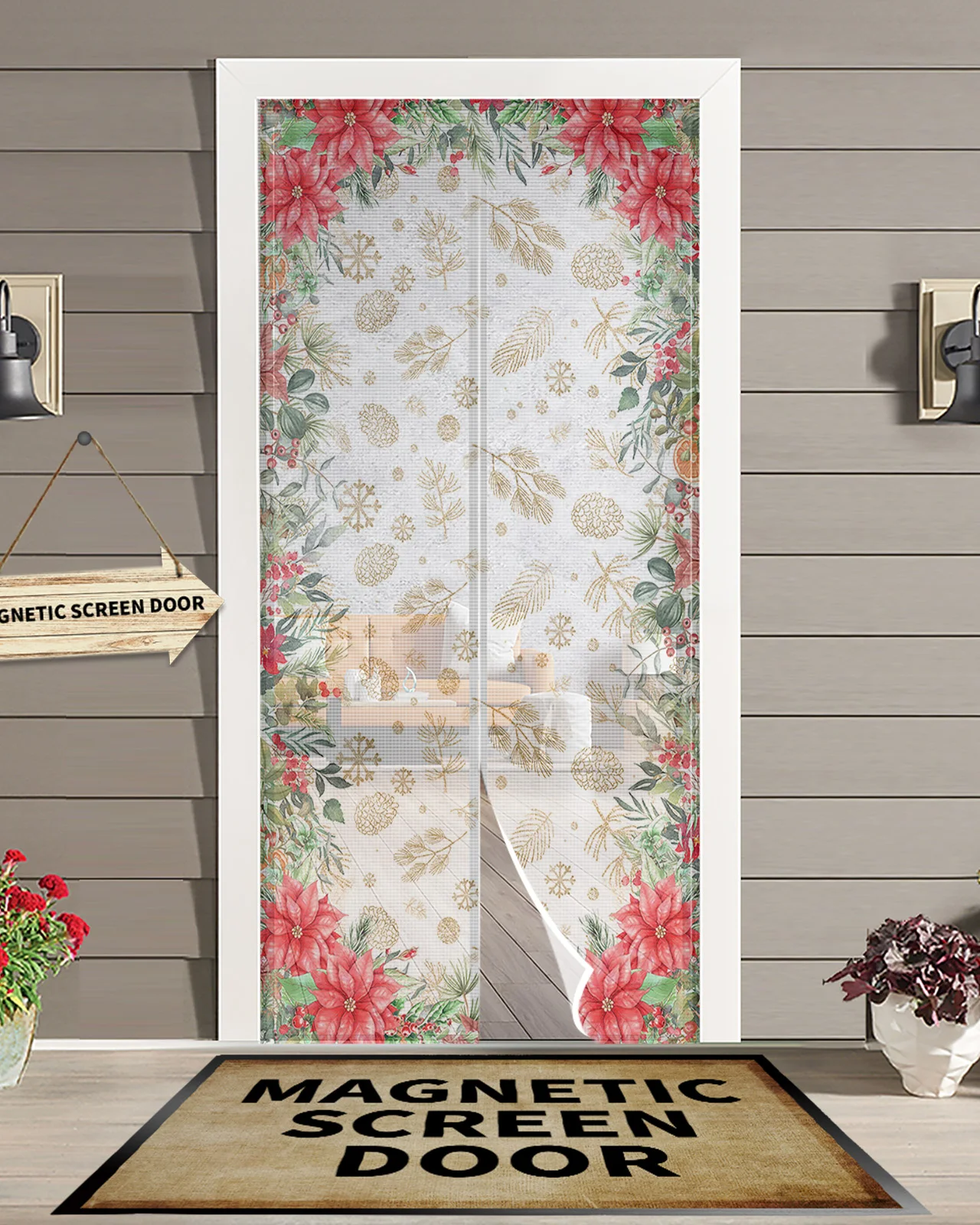 

Christmas Pine Leaves Snowflakes Poinsettia Magnetic Door Curtain Living Room Bedroom Home Anti-mosquito Screen Door Curtain
