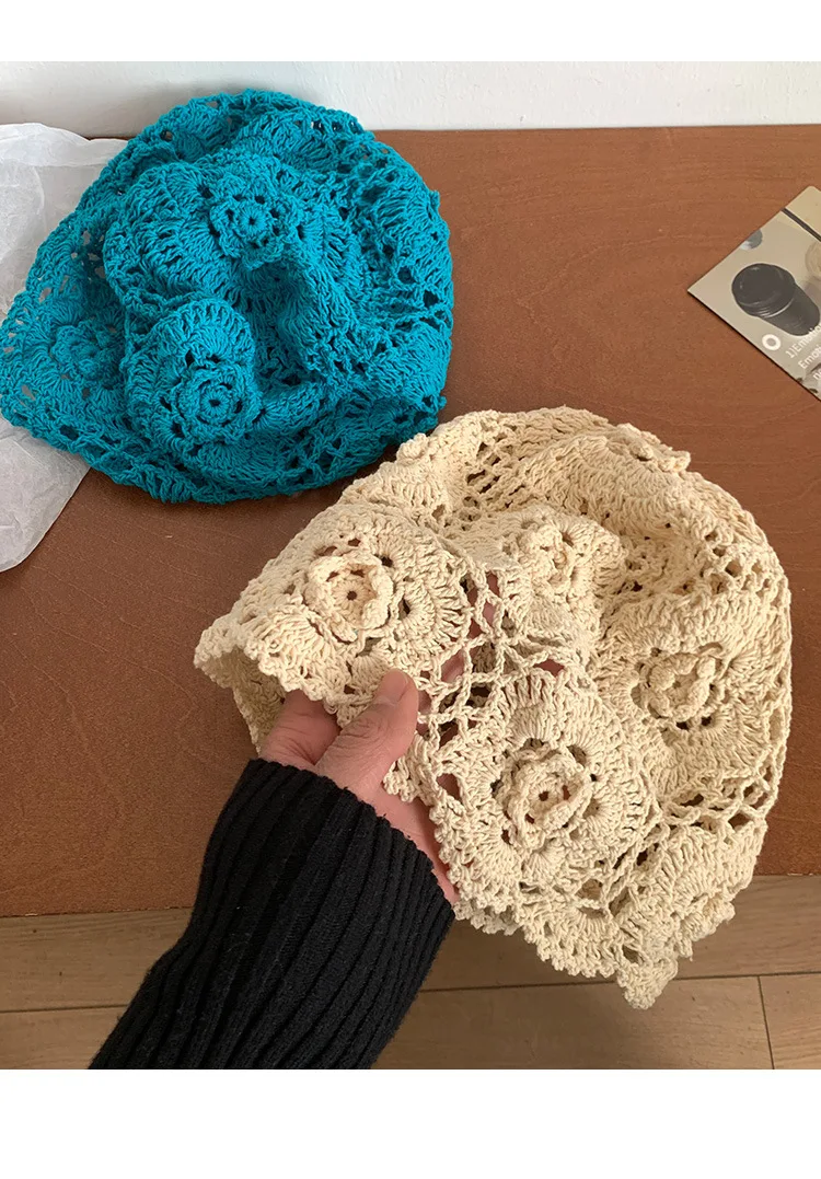 Japanische handgemachte aushöhlen gestrickte Blume Zylinder Damen Frühling Sommer künstlerische vielseitige Kappe Retro Ethno-Stil Pullover Kappe – Detail 8