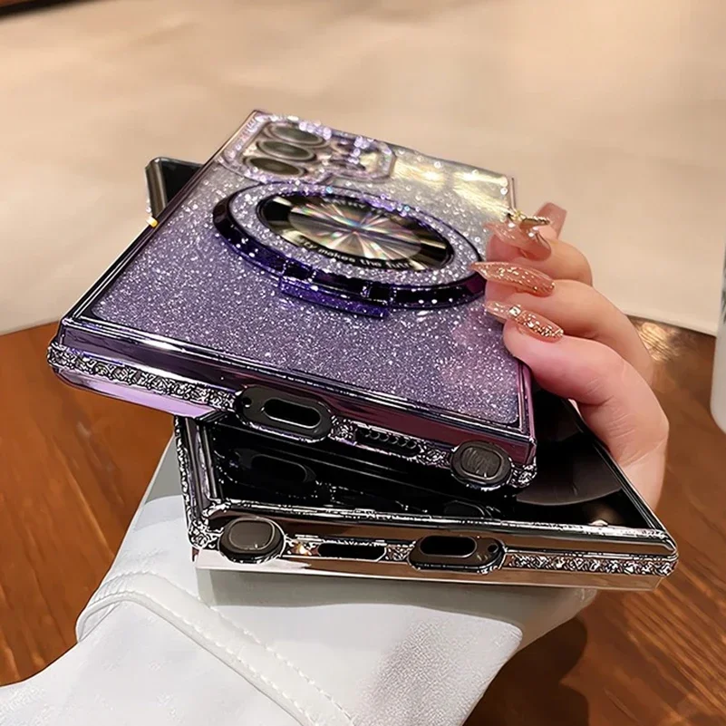 S25Ultra Magsafe Glitter Bracket Case For Samsung Galaxy S24 S23 S22 Ultra S25 Plus A55 A53 A52S A15 A16 Magnetic Diamond Cover 5