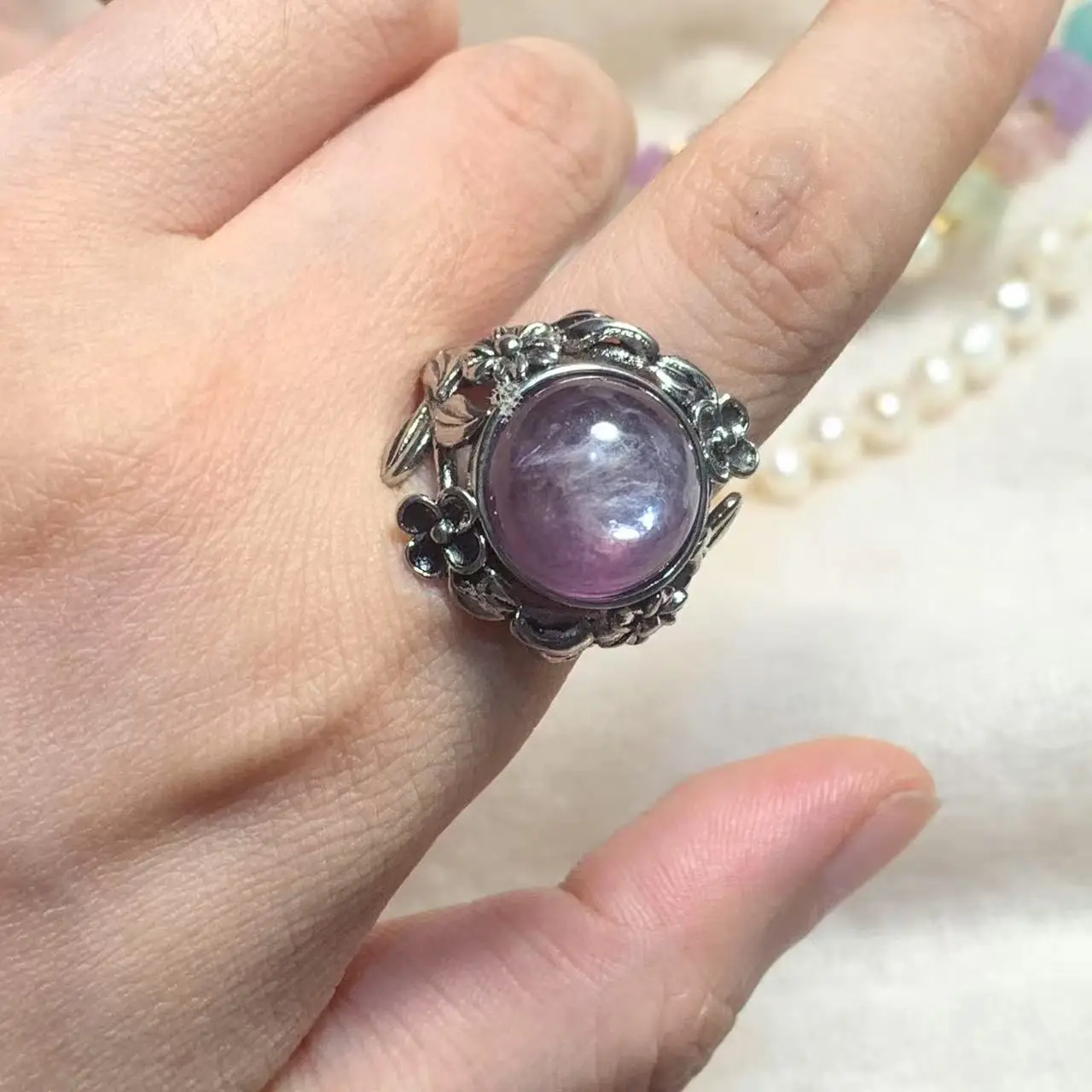 VINTAGE Natural Purple Lepidolite Ring Adjustable Female Heart ring Jewelry for Women Gift Wholesale High Quality Vintage Fine
