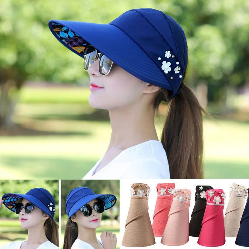 

Fashion Womens Ladies Summer Vacation Wide Brim Foldable Sun Hat Anti-UV Beach Visor Caps Casual Hats