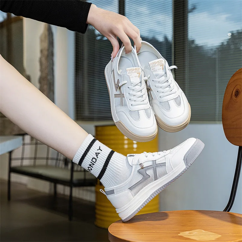 Spring And Autumn Genuine Leather Casual Sneakers Women's Breathable Mesh Lace Up Running Casual Outdoor Sports Casual Shoes