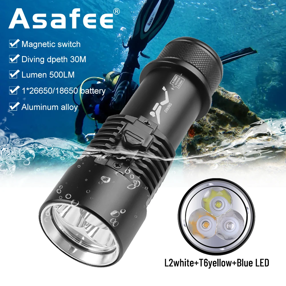 

Asafee LED Scuba Diving Flashlight Underwater Lamp Waterproof Torch Dive Lantern Bule Yellow Light Magnetic Switch Flash Light