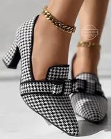 Pumps Women Houndstooth Bowknot Decor Chunky Shoes Point Toe Low Heel Wear Houndstooth Bowknot Decor Chunky Pumps 2