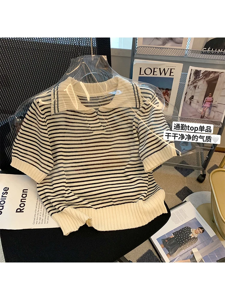 scene fange Varme 2023 Summer Women Polo Collar Striped T Shirt Short Sleeve Knit Tees  Stretch Tops Korean Fashion Streetwear Vintage Aesthetic - AliExpress
