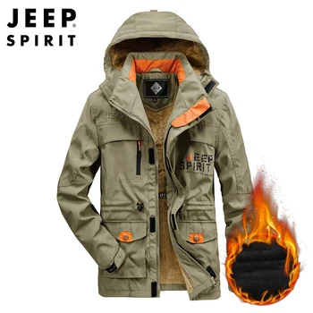JEEP SPIRIT 남성용 중간 길이 코튼 재킷, 벨벳 두꺼운 느슨한 방한 따뜻한 고품질 코트 의류, 가을 겨울