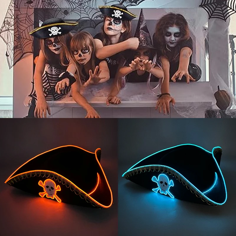 Halloween Skull Pattern Pirate Hat Glowing LED Adult Captain Cosplay Costume Props Cap Masquerade Pirate Themed Party D&eacute;cor cosplay hat cosplay prop accessories