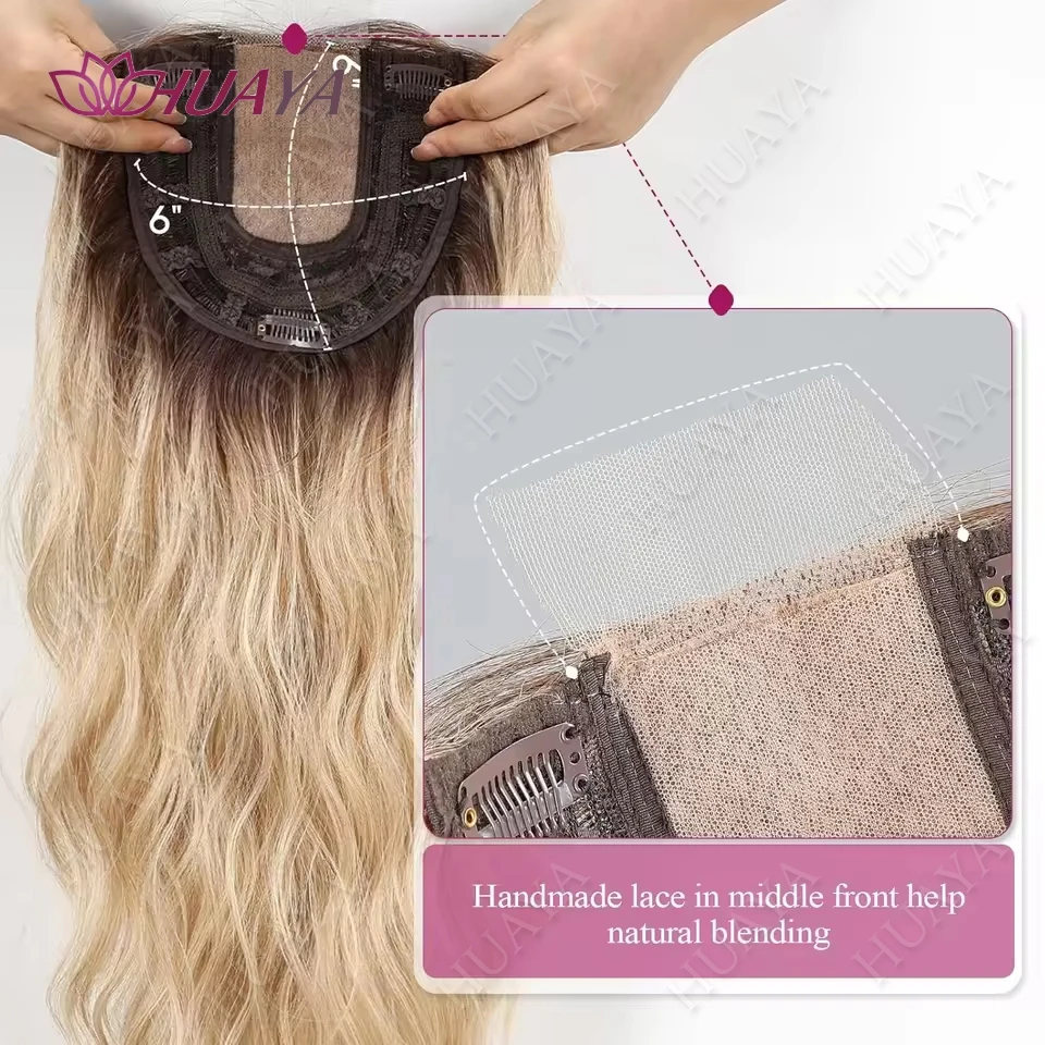 22 inch Synthetic Topper Wigs for Women Wave Head Top Hair Clip Topper Hair Extensions Middle-part Bangs with Front Small Lace