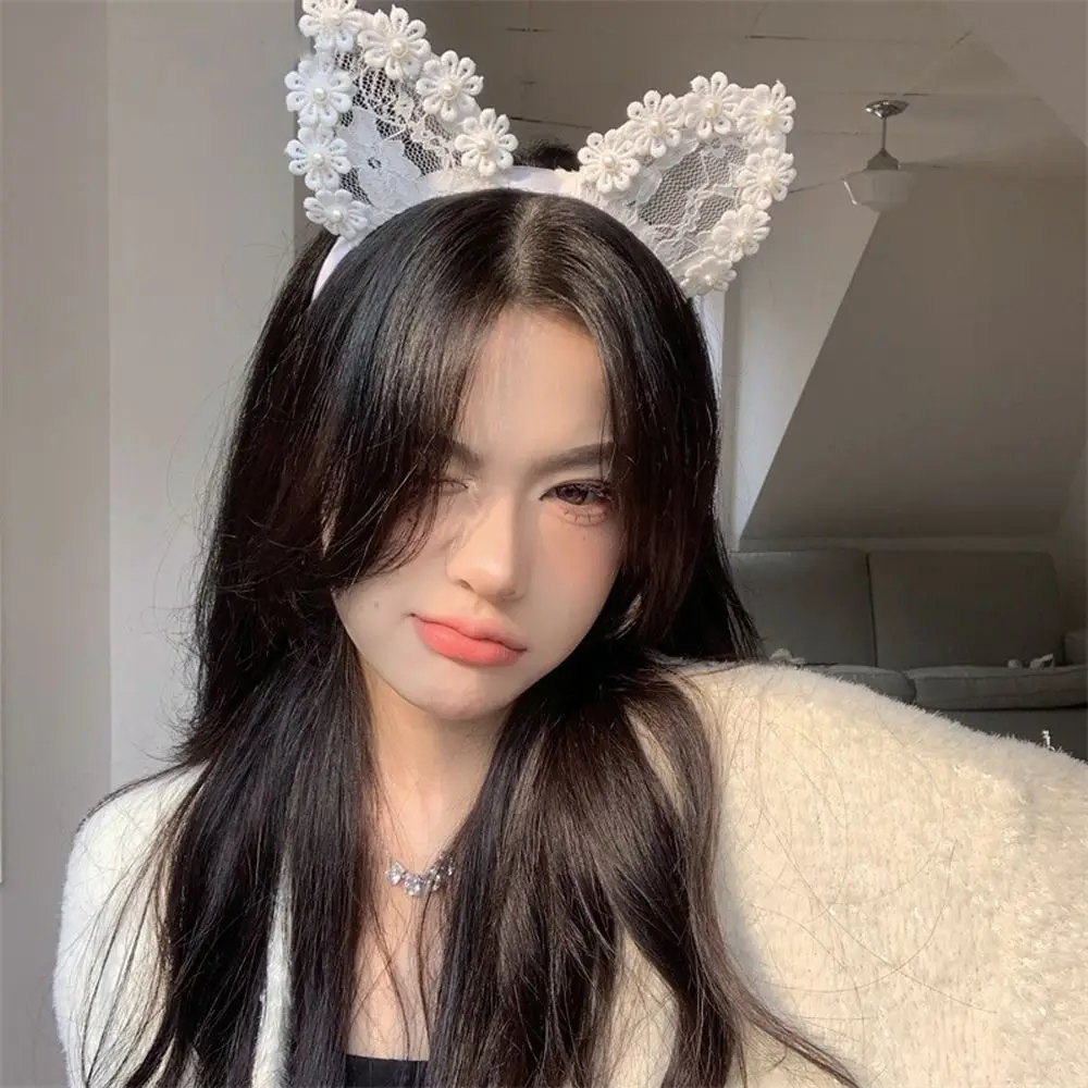 

Lolita Style Flower Pearl Makeup Lace Non-Slip Cosplay Headband Korean Hairbands New Headwear Women Hair Hoops Cat Ear Headband