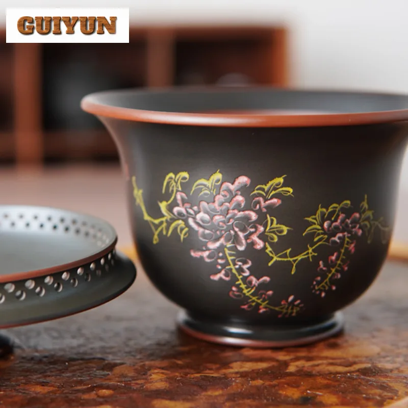 180ml Antique Qinzhou Nixing Pottery Gaiwan Handmade Engraving Wisteria Flower Tea Tureen Tea Maker Cover Bowl Teaset Decoration