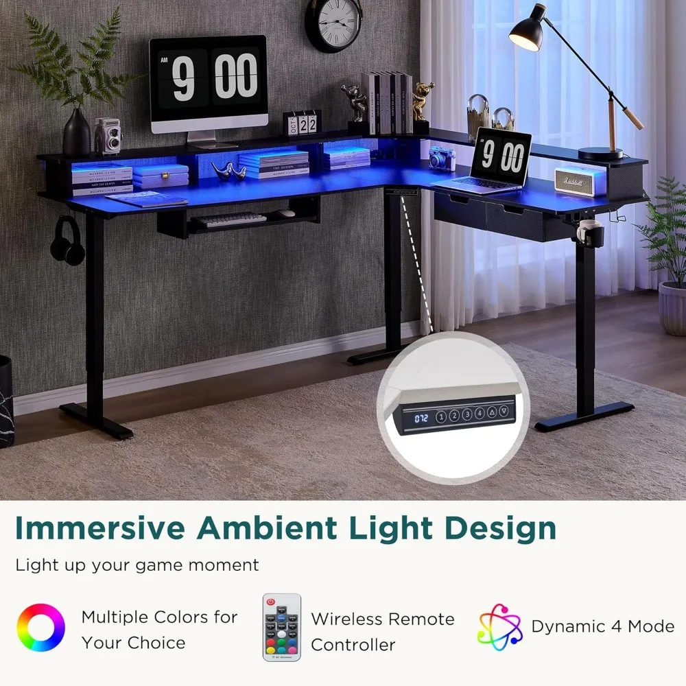 L Shaped Electric Standing Desk, 75X60 Inches, Height Adjustable, Corner Gaming Desk with Drawers, Power Outlets & LED Lights 3