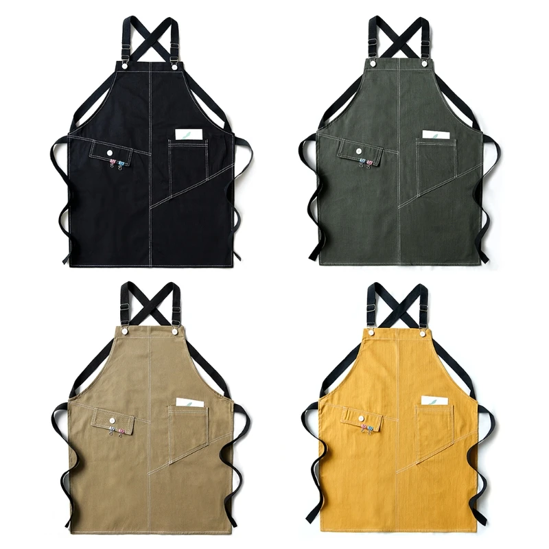 

Unisex Solid Color Apron with Pocket for Cross Back Adjustable Hanging Buckle Kitchen Chef Bib for Barista new arrival