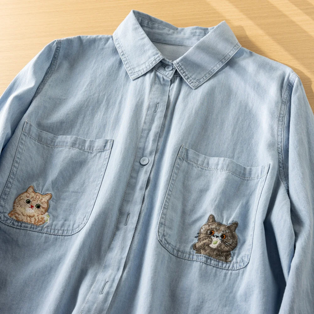 Vintage Kawaii Cats Embroider Denim Shirts & Blouses Long Sleeve Jean Shirt Mori Girl Japanese 2024 Light Blue Spring Tops pet cats with water tank hair removal comb cleaning hair brush style long hair pink