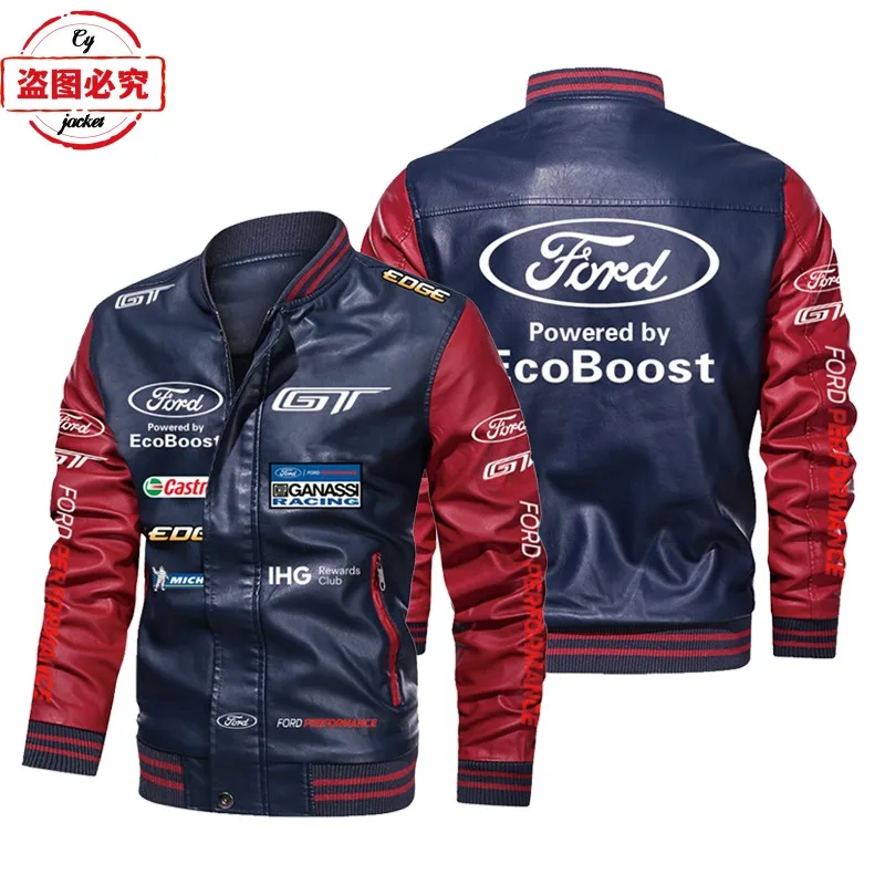 Ford LOGO racing suit color block pu leather jacket men's WRS rally Ford team bomber jacket 3