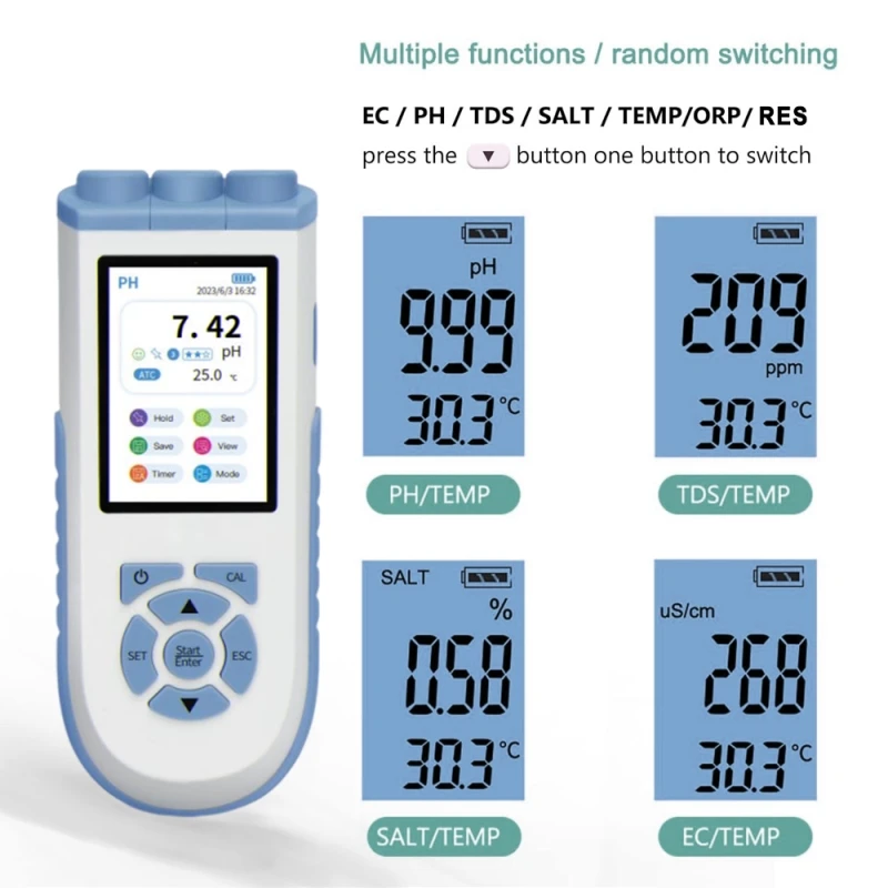 IKEME 디지털 용존 산소 계량기, 높은 정확도의 디지털 용존 수 테스트, 8 in 1, pH, ORP, EC, TDS, SALT, Res, TEMP, DO