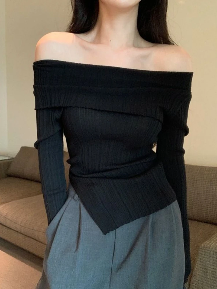 

Onlyfans Korean Fashion Black Knitted Sweater Women Harajuku Sexy Slim Off Shoulder Jumper Elegant Casual Crop Tops Streetwear