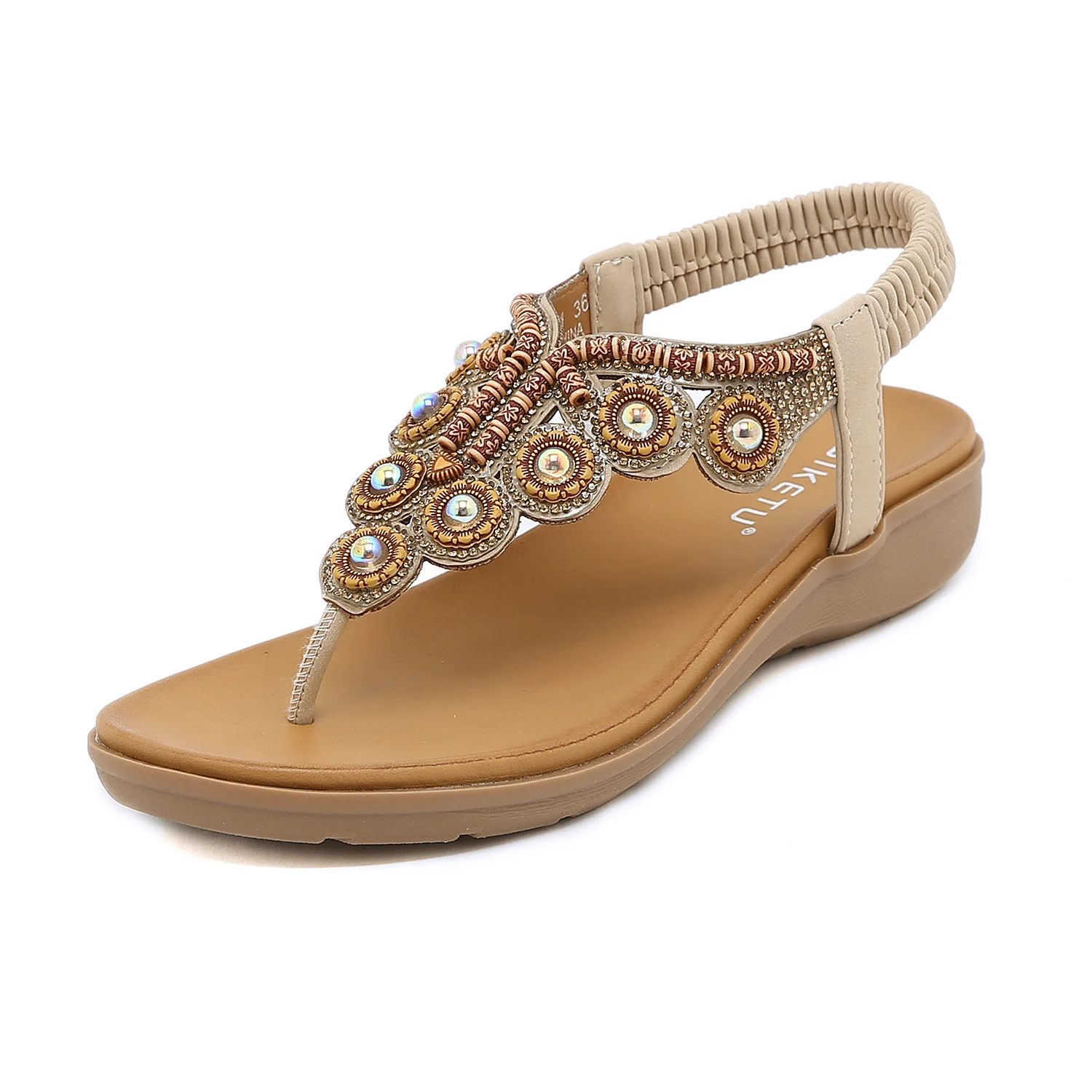 

2023 Summer New Bohemian Style Sandwich Beaded Rhinestone Buckle Elastic Heel Rubber Band Women's Shoe