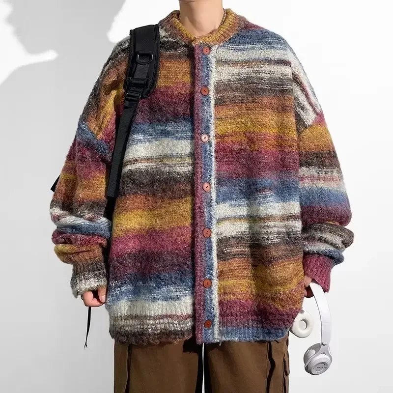 Men Striped Sweater Casual Elastic Long Sleeve Pullovers Harajuku Patchwork Knitted Warm Top Fashion Brand Jumper Clothes