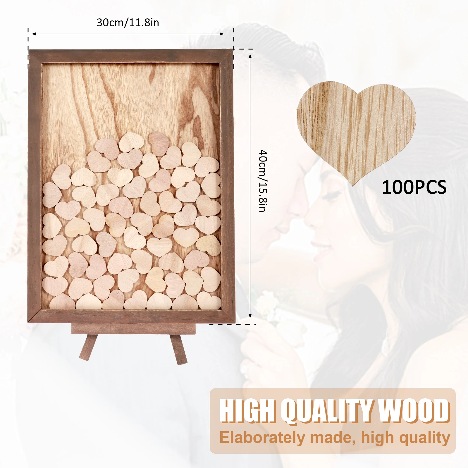 Wooden Wedding Guest Note Book with 100 Heart-Shaped Personalized Wood Frame Drop Box Creative Wedding Decor Guest Sign in Book