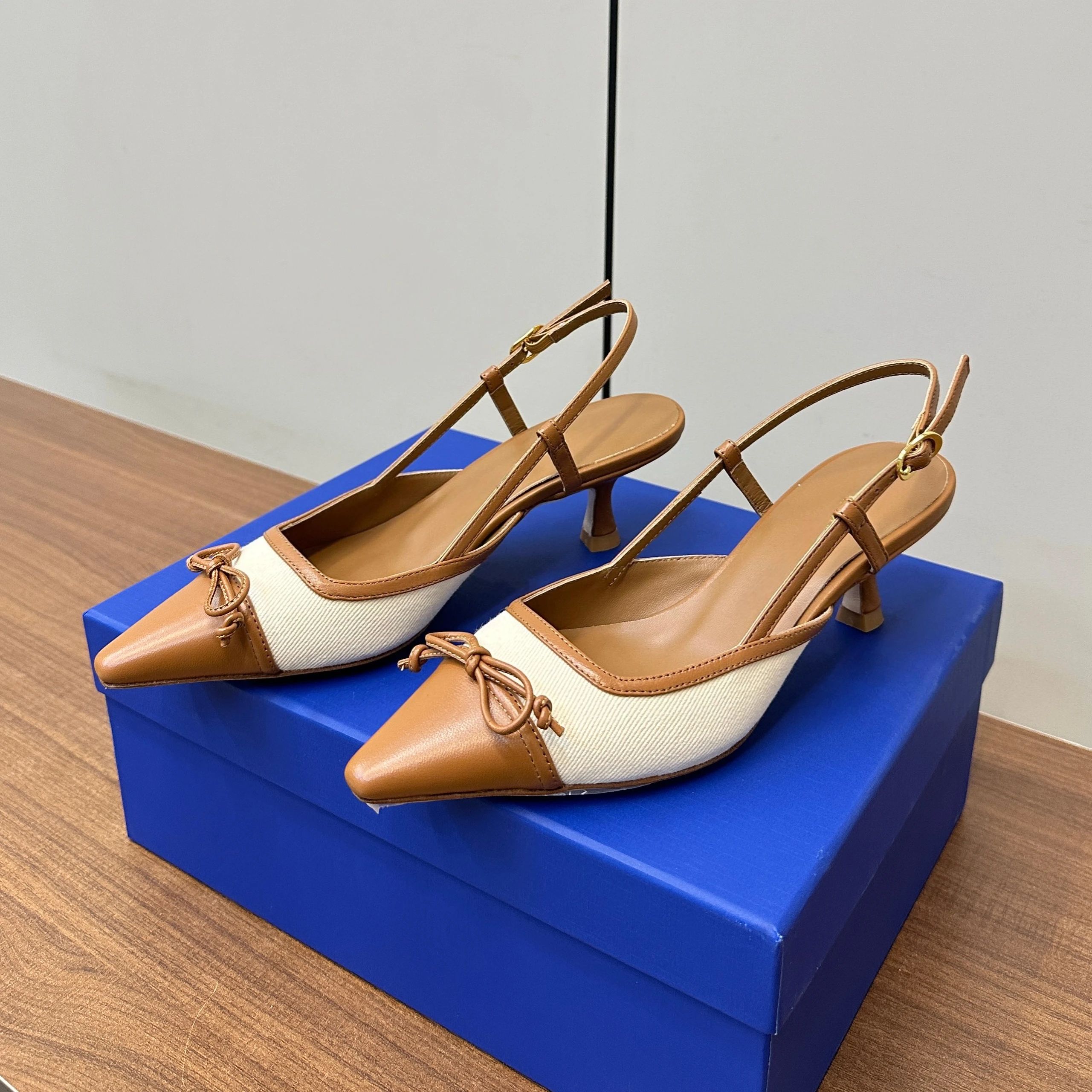 Newest Summer Genuine Leather Pointed-Toe High Heel Slingback Woman Sandals Dress Pumps Butterfly-Knot Decora Bota Feminina