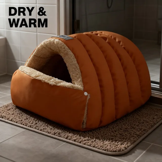 Cat Bed Semi Enclosed Winter Cat and Dog Bed with Leather Edging Windproof and Warm Small Animals in Cold Weather 4