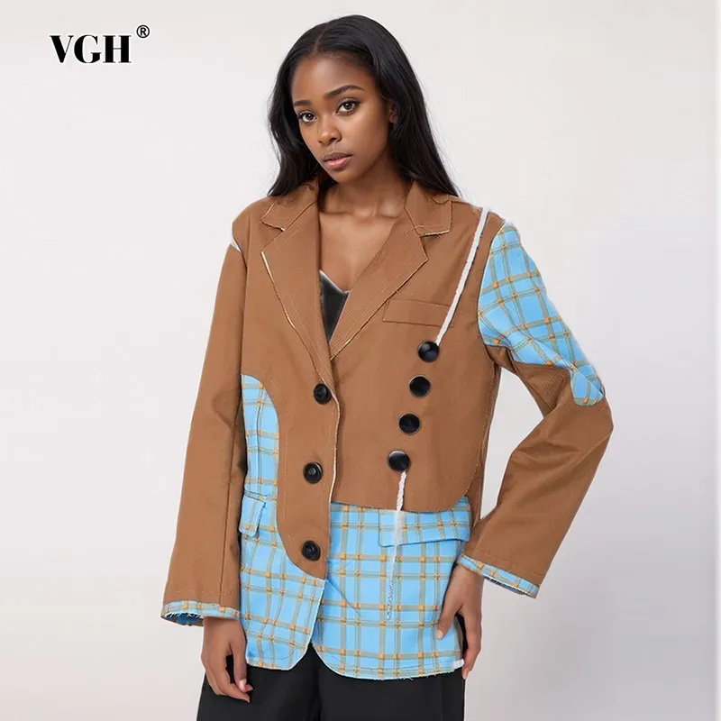 

VGH Hit Color Patchwork Chain Casual Blazers For Women Notched Collar Long Sleeve Spliced Single Breasted Blazer Female Fashion