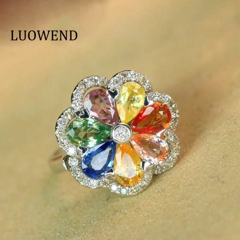 LUOWEND 18K White Gold Ring Natural Color Sapphire Rings Sweet Candy Lucky Design Gemstone Jewelry For Women 15g elephant rings lucky three elephants women wedding gold ring customized 925 solid sterling silver ring sz 6 12