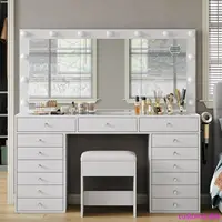 55" W Vanity Desk, Makeup Vanity with Charging Station, 15 Drawers with Lighted Mirror, 3 Lighting Modes, Brightness