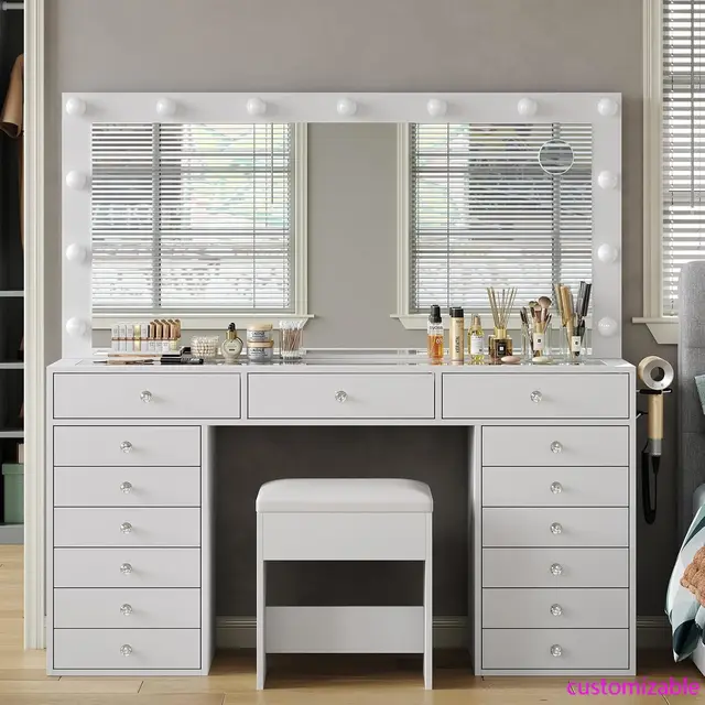 55" W Vanity Desk, Makeup Vanity with Charging Station, 15 Drawers with Lighted Mirror, 3 Lighting Modes, Brightness
