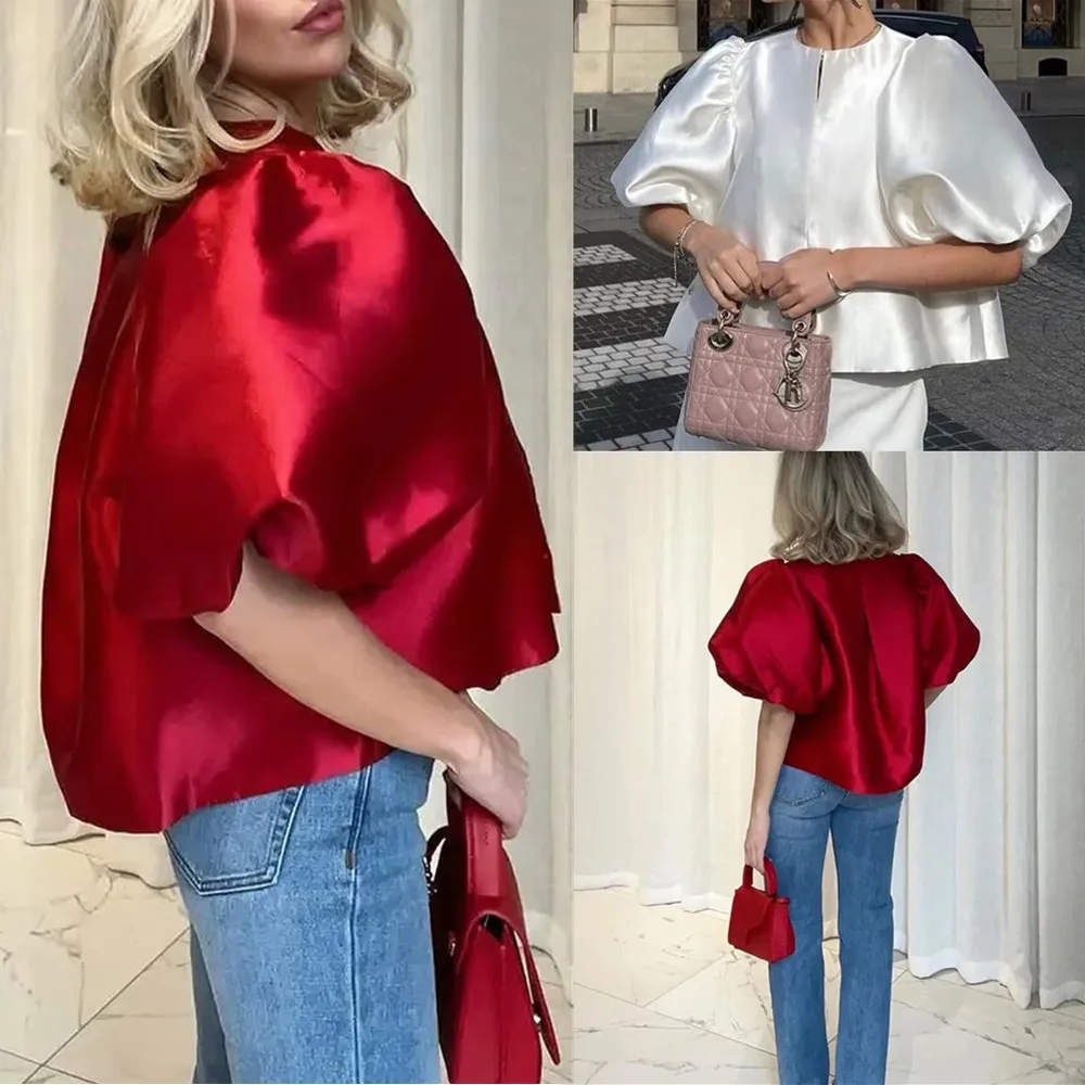 

BSK&TRAF Women's Summer New 2024 French Design Fashionable Casual Versatile White Short Satin Puff Sleeve Top