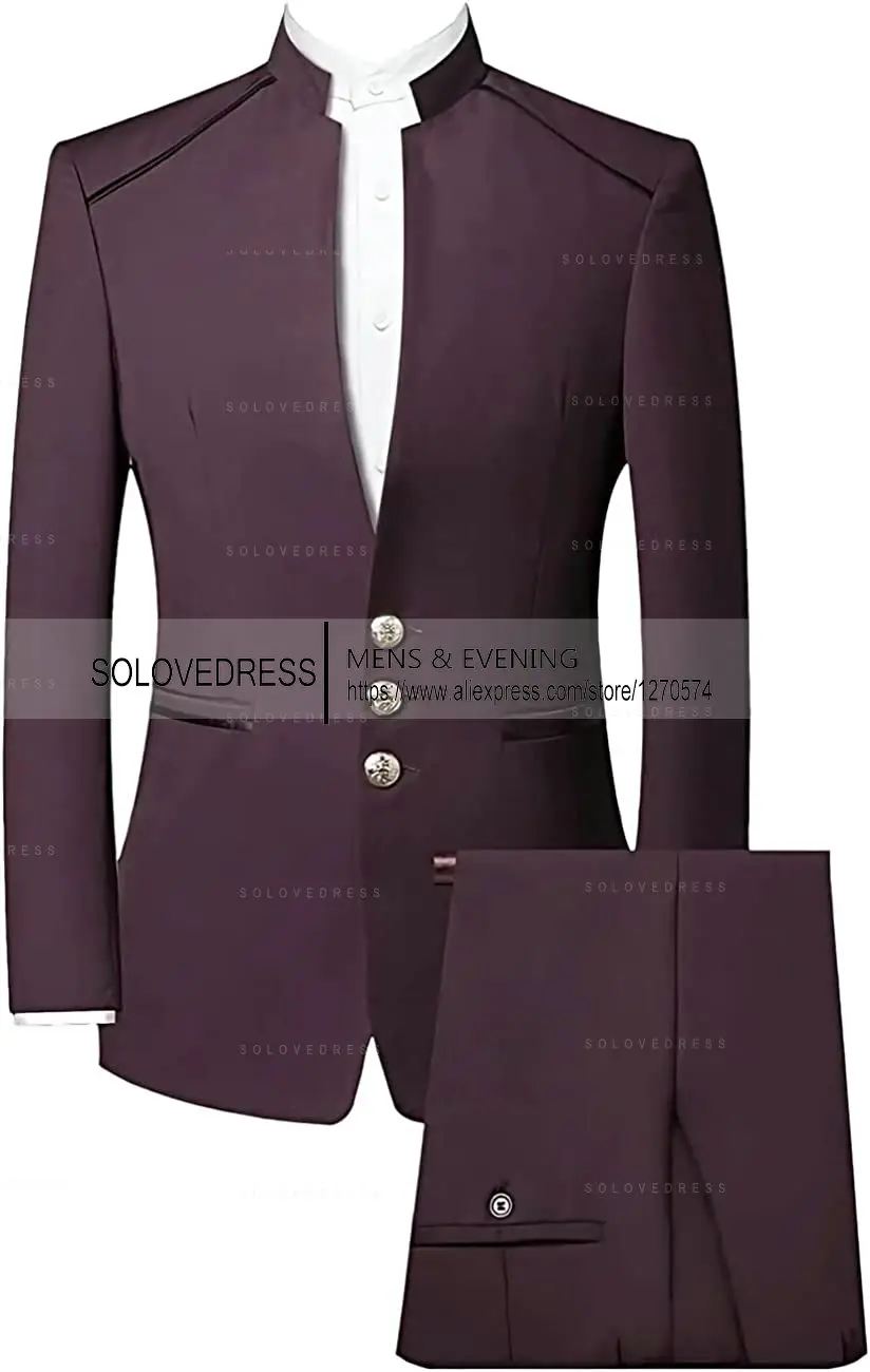 2 Pieces Men's Chinese Tunic Suit   Formal Suits   Single Breasted  for Groomsmen  Wedding Tailored Fit  (Blazer+Pants)