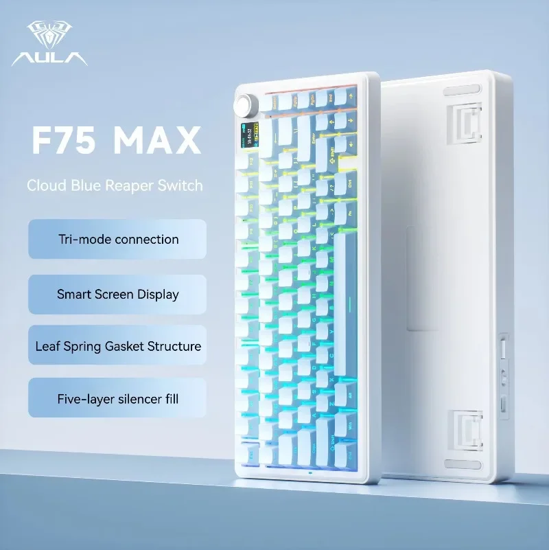لوحة مفاتيح ميكانيكية للألعاب AULA F75 MAX، تصميم 75%، لاسلكية، مع إمكانية تبديل المفاتيح بسهولة، وقاعدة تثبيت Gasket، وإضاءة RGB، وشاشة TFT، ومقبض تحكم، متوافقة مع أجهزة الكمبيوتر الشخصي وأجهزة ماك.