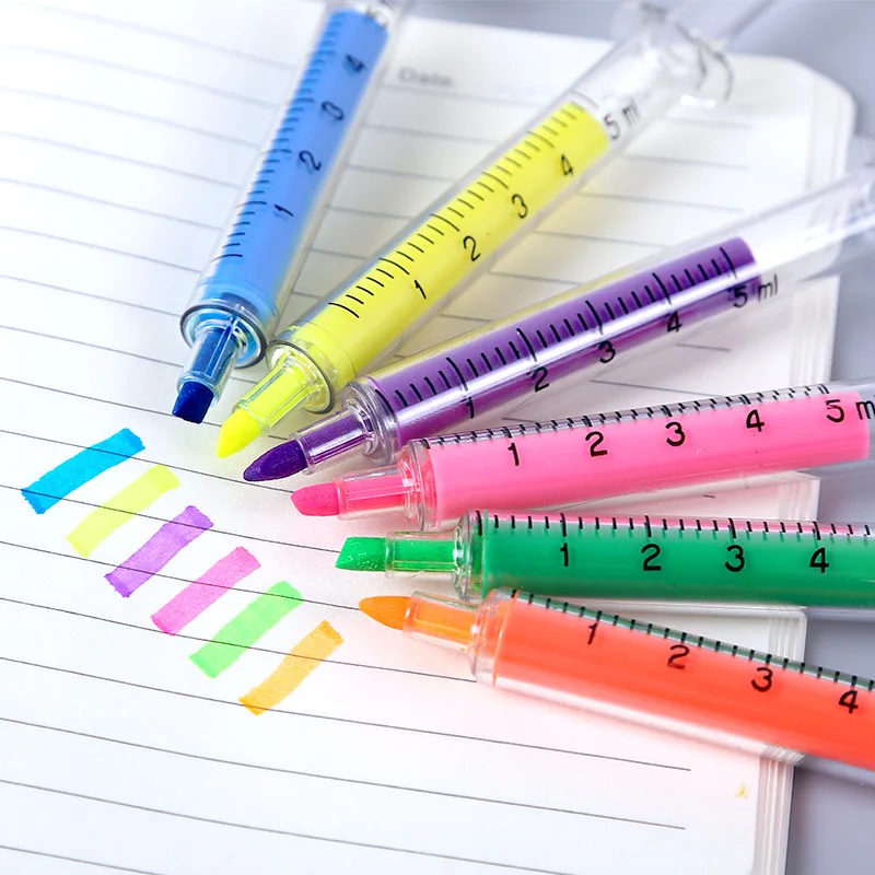 Highlighter Pen 6Pc Kawaii Syringe Highlighter Pen Syringe Needle Shape Mechanical Color pen Ballpoint for Office School Marker Writing Tool