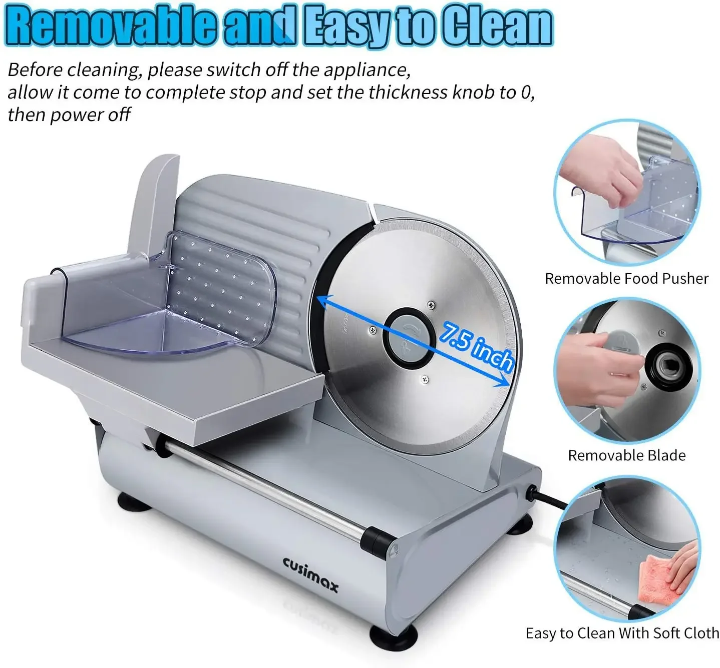 Meat Slicer, Electric Deli Food Slicer with Two 7.5'Removable Stainless Steel Blades and Pusher, Cheese Fruit Vegetable Bread Cu 3