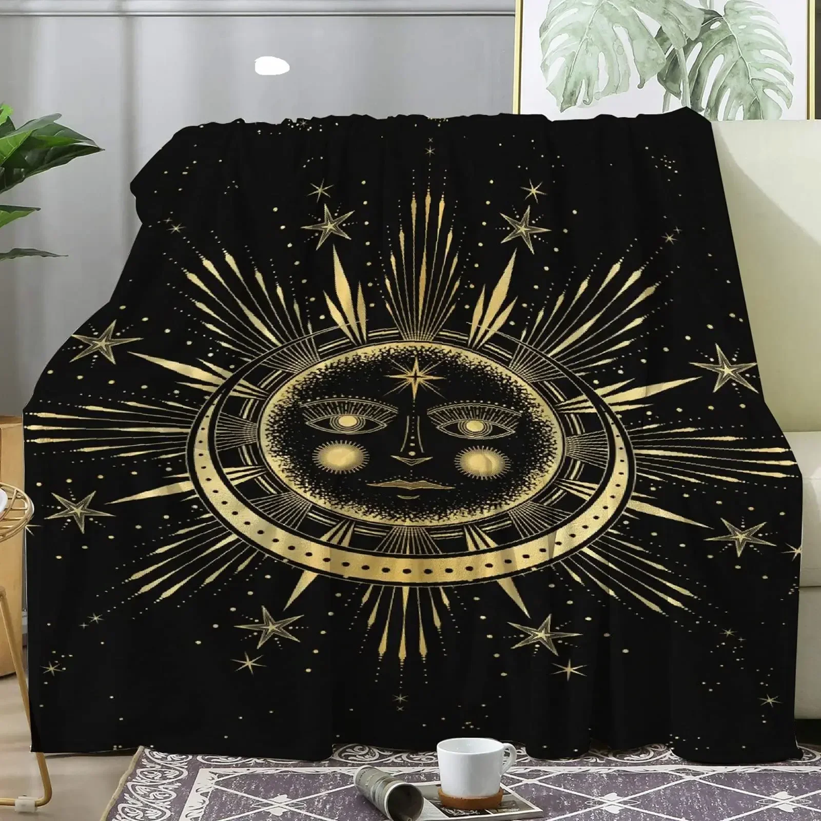 Flannel Throw Blankets Boho Chic Golden Sun Moon and Stars Blue Black Sky Antique Blankets Lightweight Luxury Blanket,Couch Bed 2