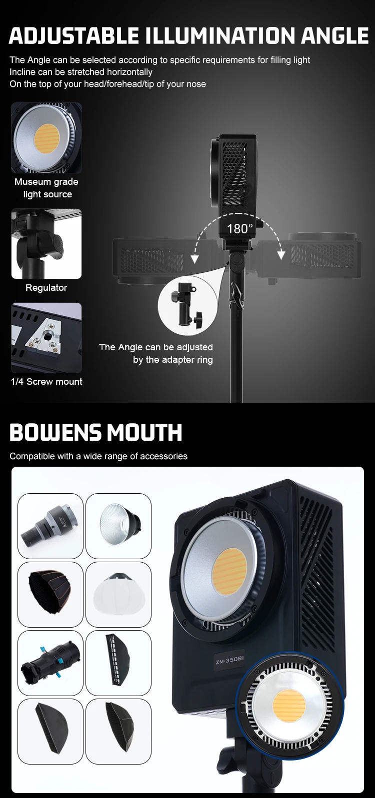 ZSYB ZM-350Bi LED Photography Light Bi-color 2700k-6500k Bowens Mount Fill Light