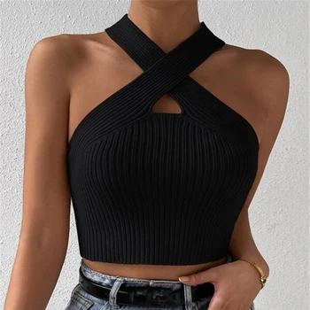 Women 2026 Summer Knit Cross Neck Crop Tops Sexy Slim Solid Backless Sleeveless Tank Tops Elastic Rib Design Underwear Camisoles 1