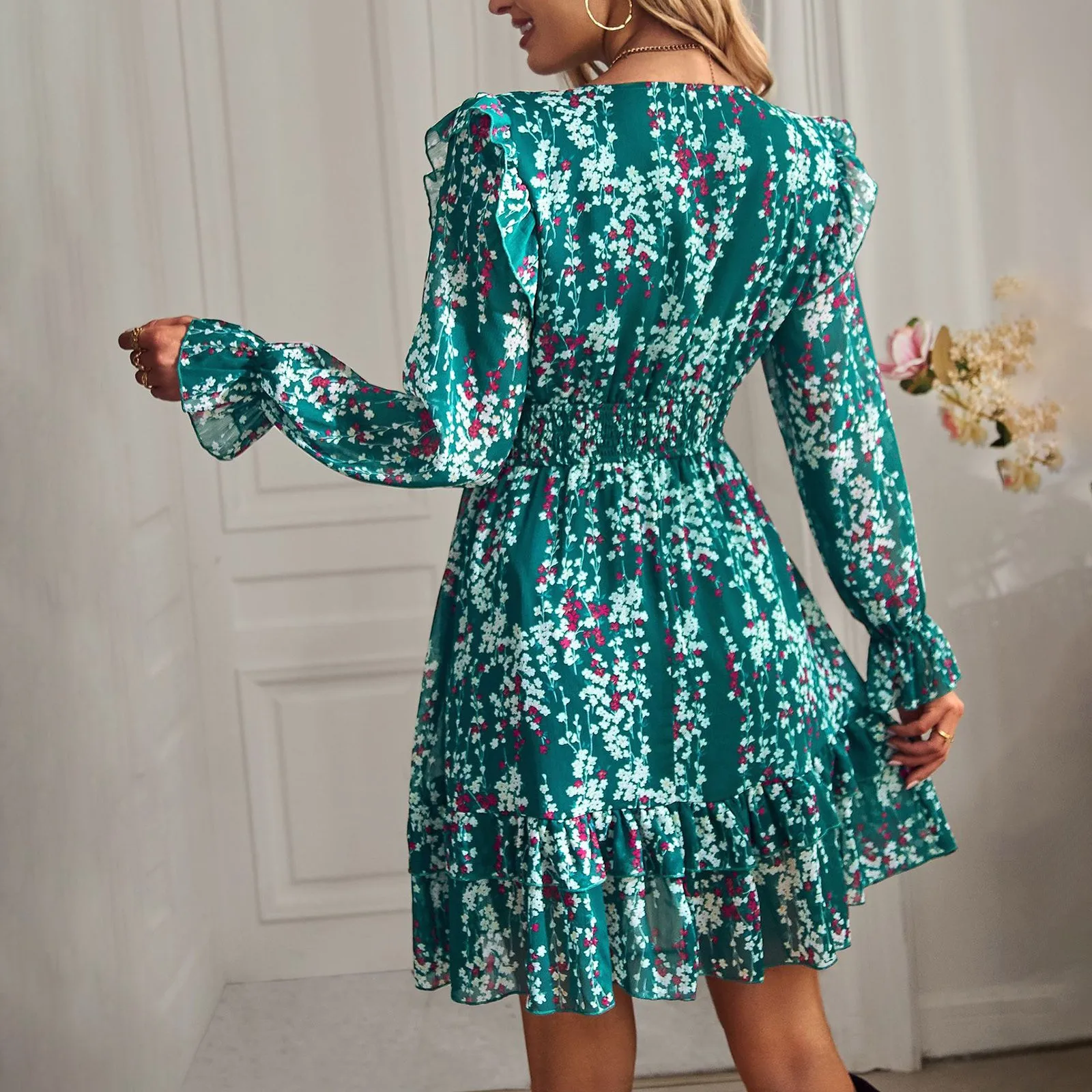 

Women‘s Boho Dresses Floral Printed Spring Summer Casual V Neck Full Sleeve High Waist A Line Mini Dresses Beach Party Dress