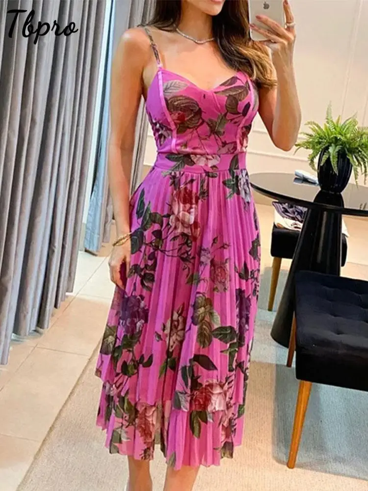

Elegant Flower Print Pleated Dresses For Women Summer Sleeveless Backless Tierred Vestidos 2023 Fashion Holiday Party Long Robe